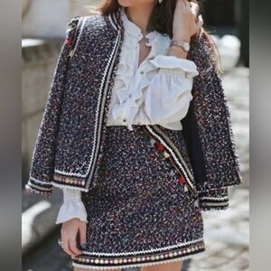 Zara Multicolor Tweed Tassel Jacket and Mini Skirt Set **(Jacket/XL; Skirt/L)**
